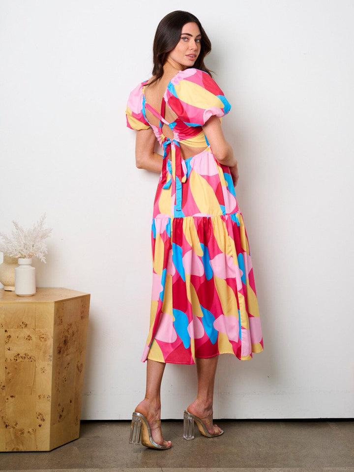 WOMEN'S SHORT PUFF SLEEVE SQUARE NECK BACK CUT OUT PRINTED MIDI DRESS