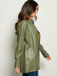 WOMEN'S LONG SLEEVE BUTTON UP PU PLEATHER OVERSIZED TOP
