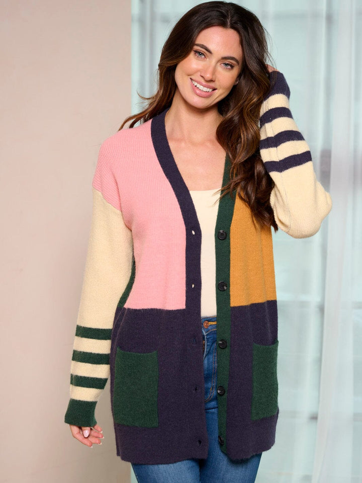 WOMEN'S LONG SLEEVE COLORBLOCK BUTTON CLOSURE POCKETS CARDIGAN