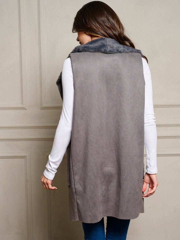 WOMEN'S SLEEVELESS OPEN FRONT POCKETS SHERPA VEST