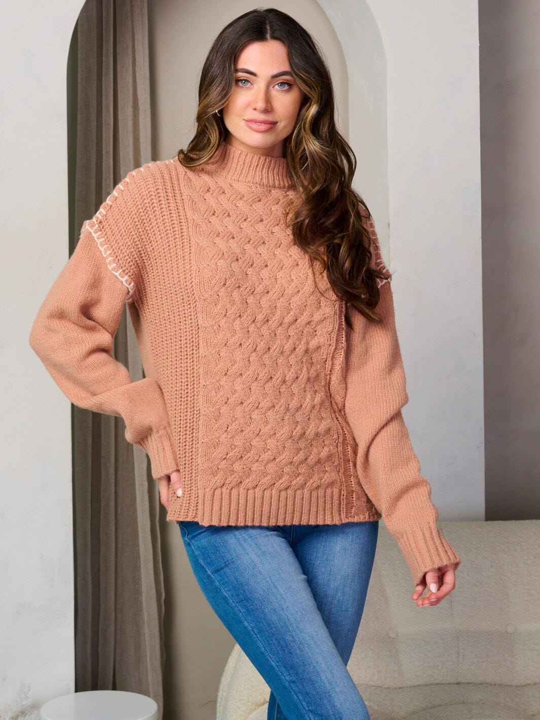 WOMEN'S LONG SLEEVE MOCK NECK TRIM DETAILED PULLOVER SWEATER