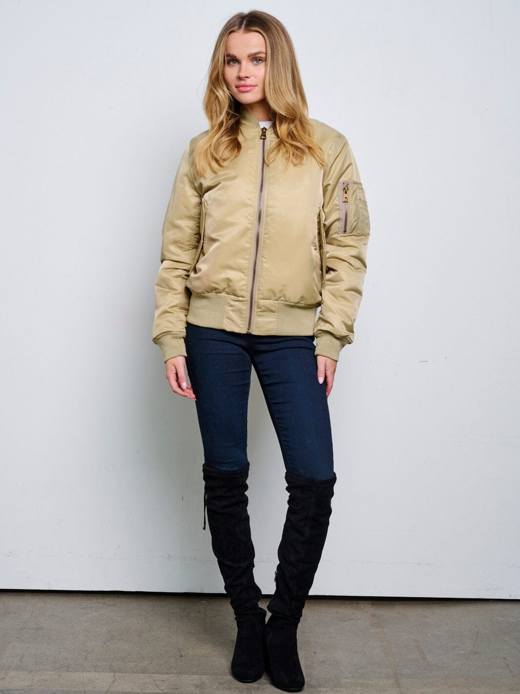 WOMEN'S LONG SLEEVE ZIP UP FRONT POCKETS BOMBER JACKET