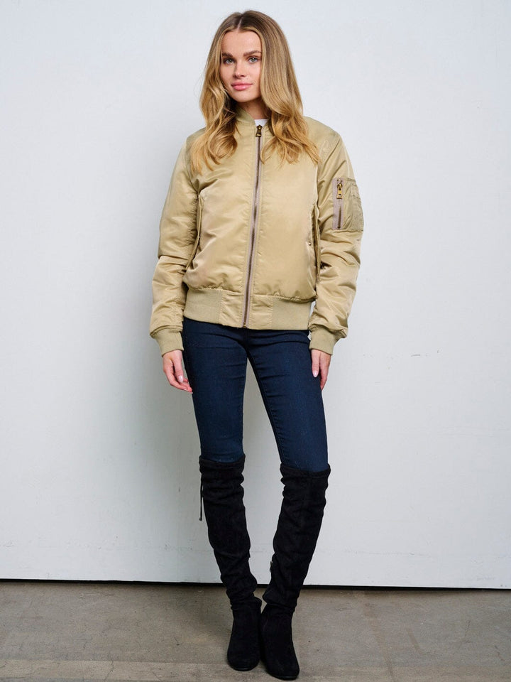 WOMEN'S LONG SLEEVE ZIP UP FRONT POCKETS BOMBER JACKET