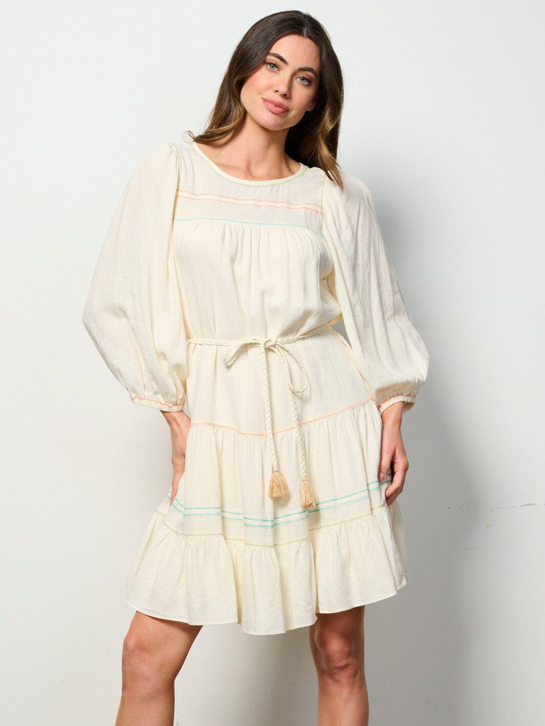 WOMEN'S LONG SLEEVE SELF TIE EMBROIDERY DETAILED TUNIC MINI DRESS