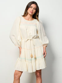 WOMEN'S LONG SLEEVE SELF TIE EMBROIDERY DETAILED TUNIC MINI DRESS
