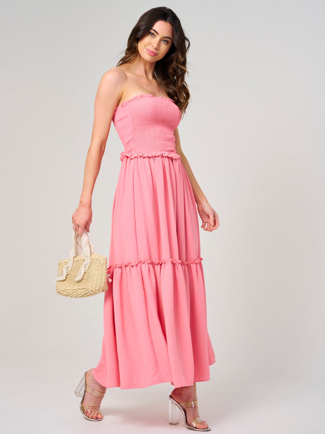 WOMEN'S SLEEVELESS SMOCK TIERED TUBE MAXI DRESS
