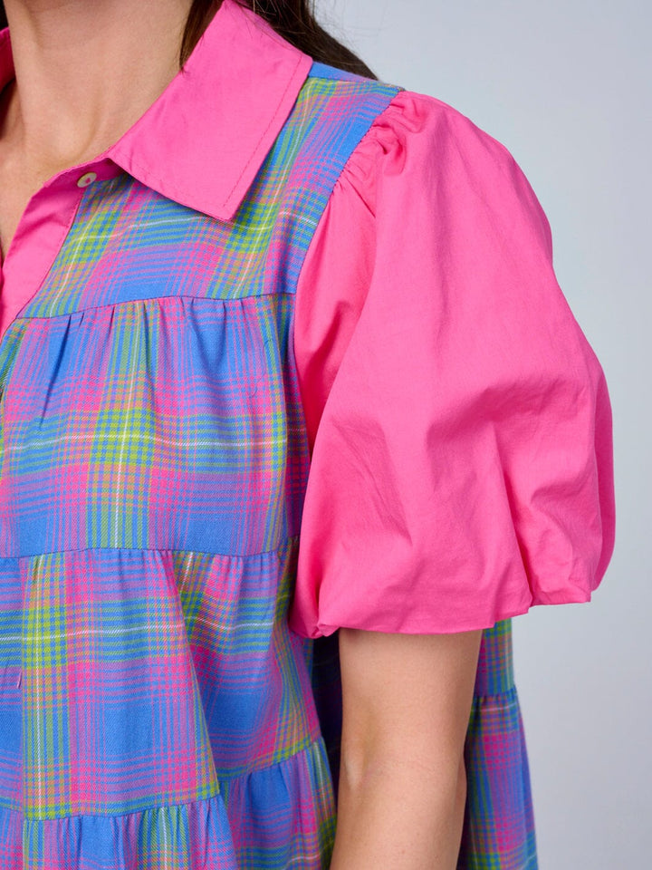 WOMEN'S SHORT PUFF SLEEVE BUTTON UP PLAID TUNIC MINI DRESS