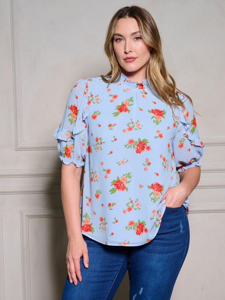 PLUS SIZE SHORT RUFFLE SLEEVE MOCK NECK FLORAL BLOUSE TOP
