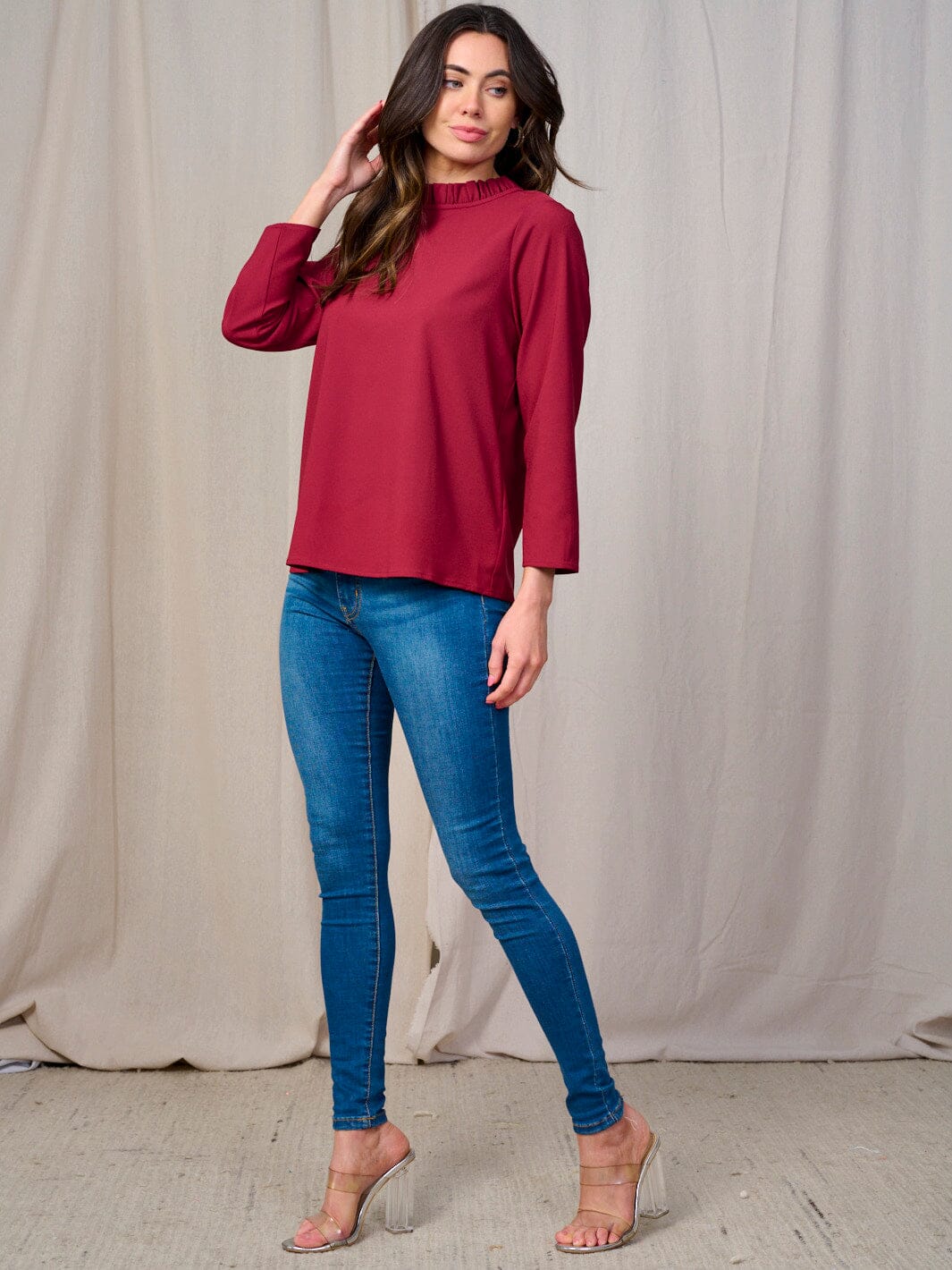 WOMEN'S LONG SLEEVE MOCK NECK BACK TIE BLOUSE