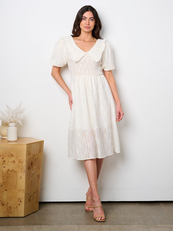 WOMEN'S SHORT PUFF SLEEVE V-NECK EYELET MIDI DRESS