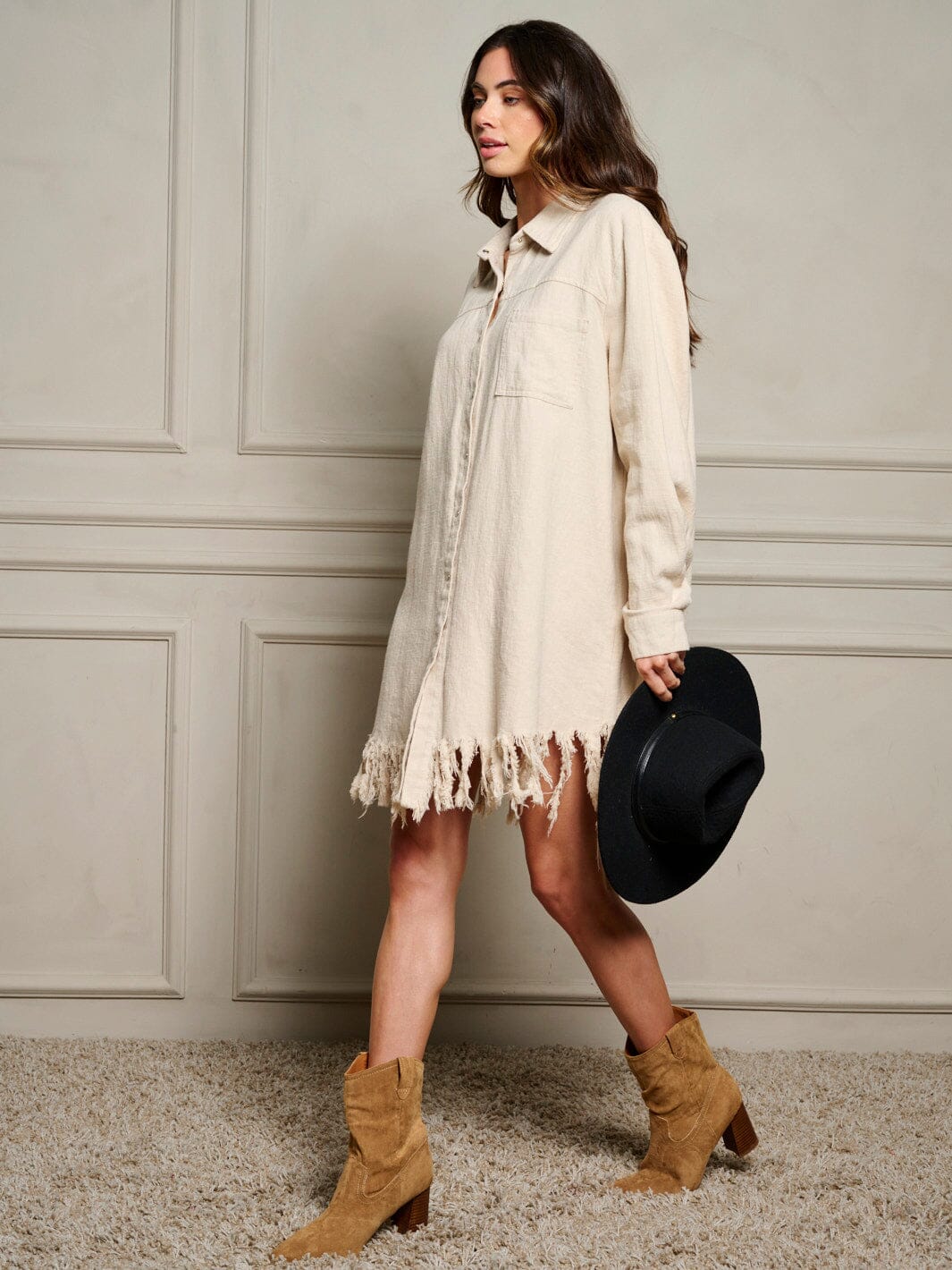 WOMEN'S LONG SLEEVE BUTTON UP FRONT POCKET TASSEL TRIM MINI DRESS