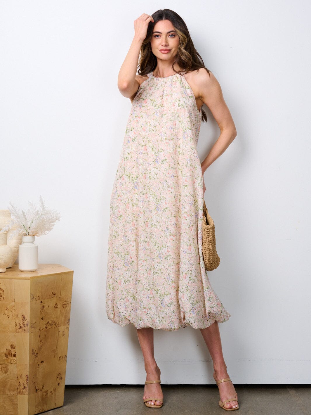 WOMEN'S SLEEVELESS HALTER NECK EYELET TUNIC MAXI DRESS