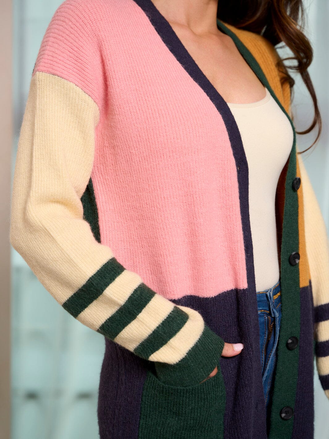 WOMEN'S LONG SLEEVE COLORBLOCK BUTTON CLOSURE POCKETS CARDIGAN