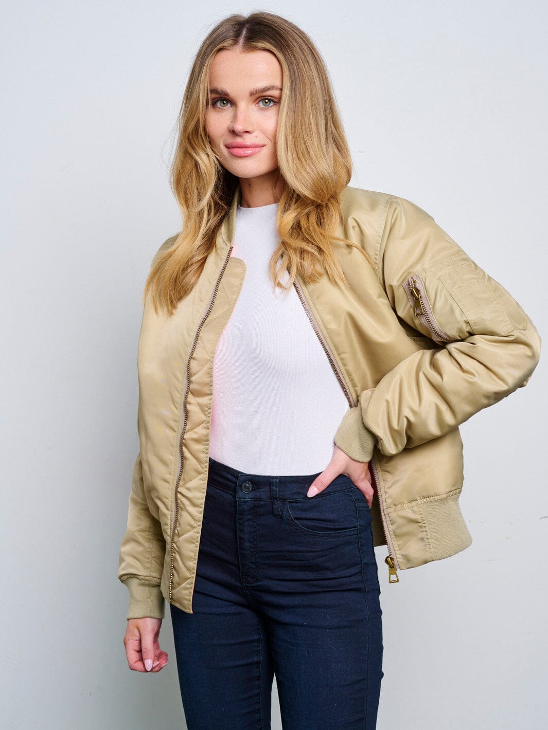 WOMEN'S LONG SLEEVE ZIP UP FRONT POCKETS BOMBER JACKET