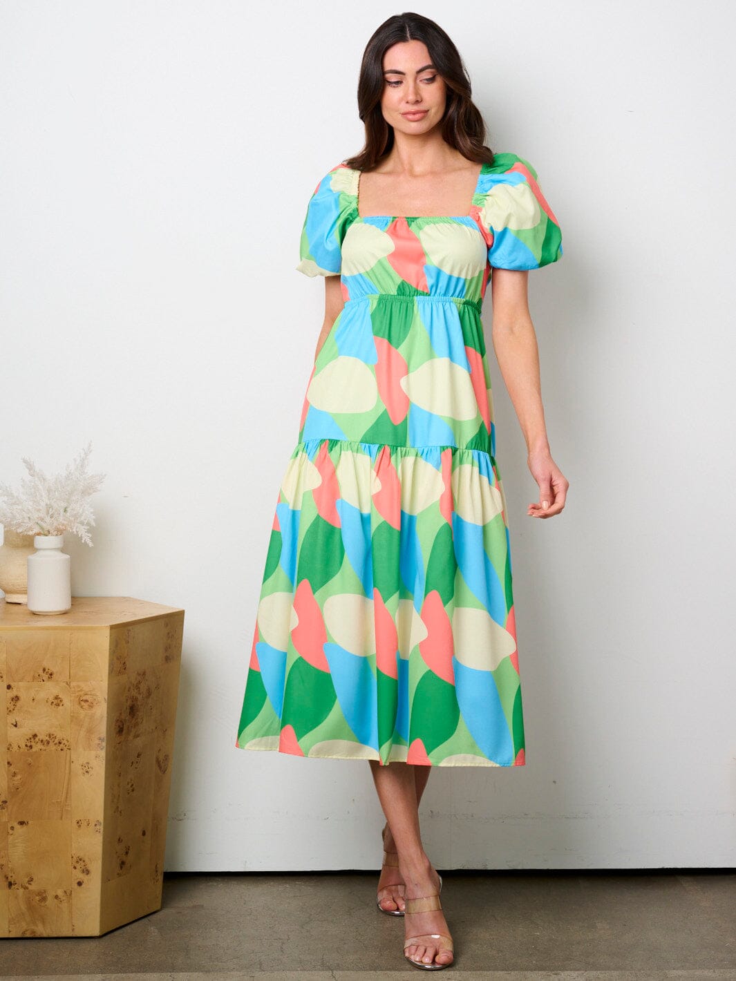 WOMEN'S SHORT PUFF SLEEVE SQUARE NECK BACK CUT OUT PRINTED MIDI DRESS