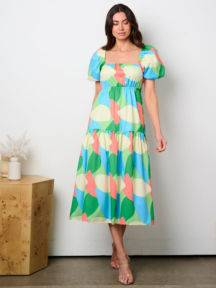 WOMEN'S SHORT PUFF SLEEVE SQUARE NECK BACK CUT OUT PRINTED MIDI DRESS