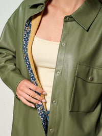 WOMEN'S LONG SLEEVE BUTTON UP PU PLEATHER OVERSIZED TOP