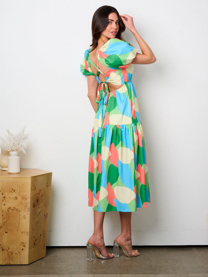 WOMEN'S SHORT PUFF SLEEVE SQUARE NECK BACK CUT OUT PRINTED MIDI DRESS