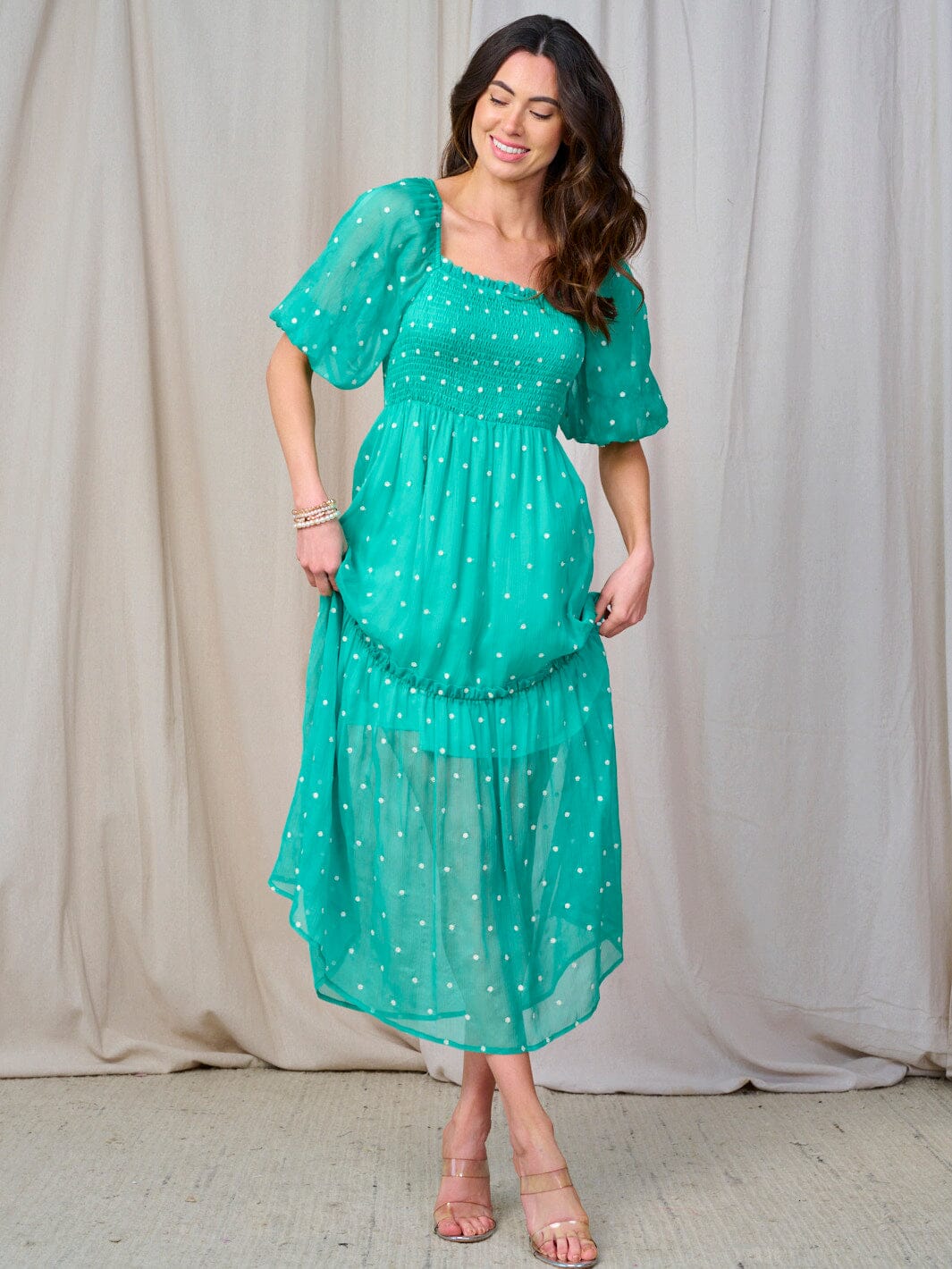 WOMEN'S SHORT PUFF SLEEVE SQUARE NECK SMOCK SWISS DETAILED MAXI DRESS