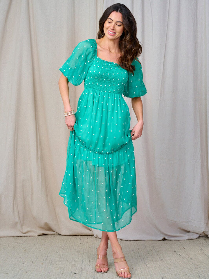 WOMEN'S SHORT PUFF SLEEVE SQUARE NECK SMOCK SWISS DETAILED MAXI DRESS