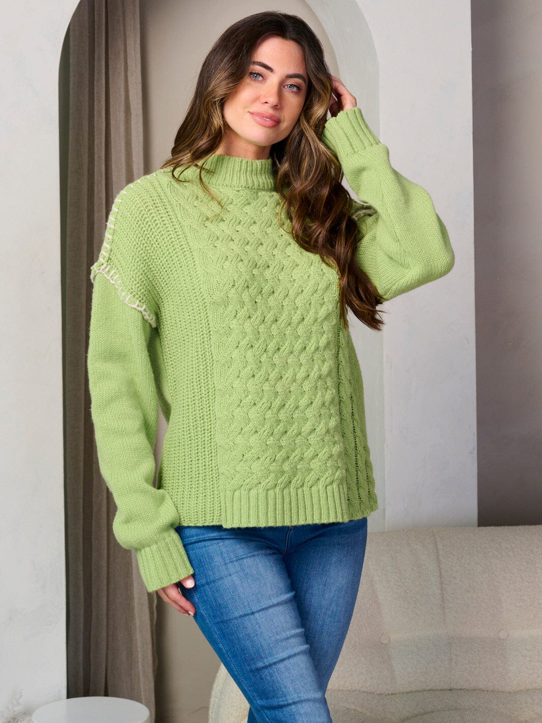 WOMEN'S LONG SLEEVE MOCK NECK TRIM DETAILED PULLOVER SWEATER