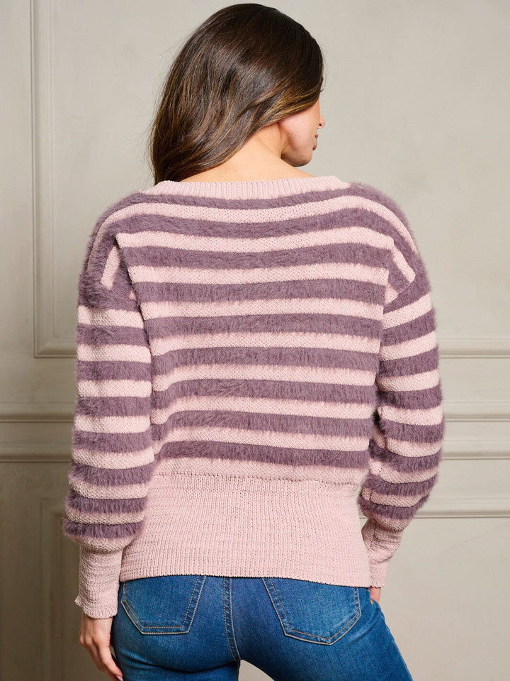 WOMEN'S LONG SLEEVE COLORBLOCK STRIPES PULLOVER SWEATER