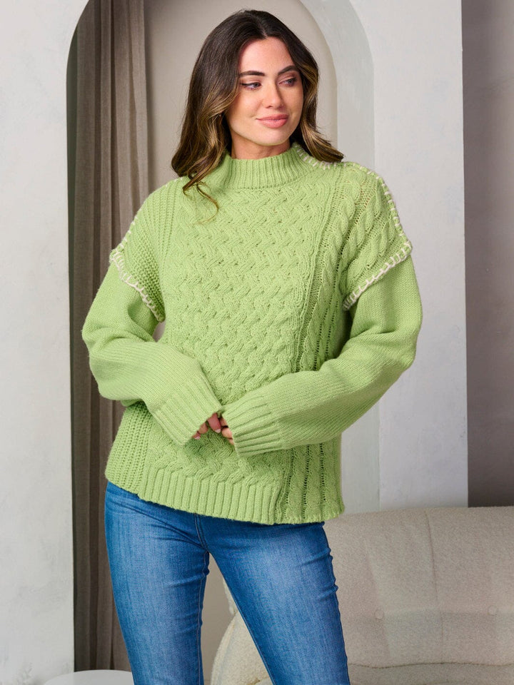 WOMEN'S LONG SLEEVE MOCK NECK TRIM DETAILED PULLOVER SWEATER