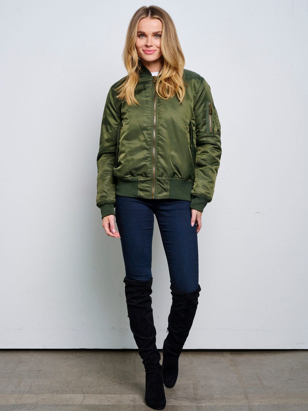 WOMEN'S LONG SLEEVE ZIP UP FRONT POCKETS BOMBER JACKET