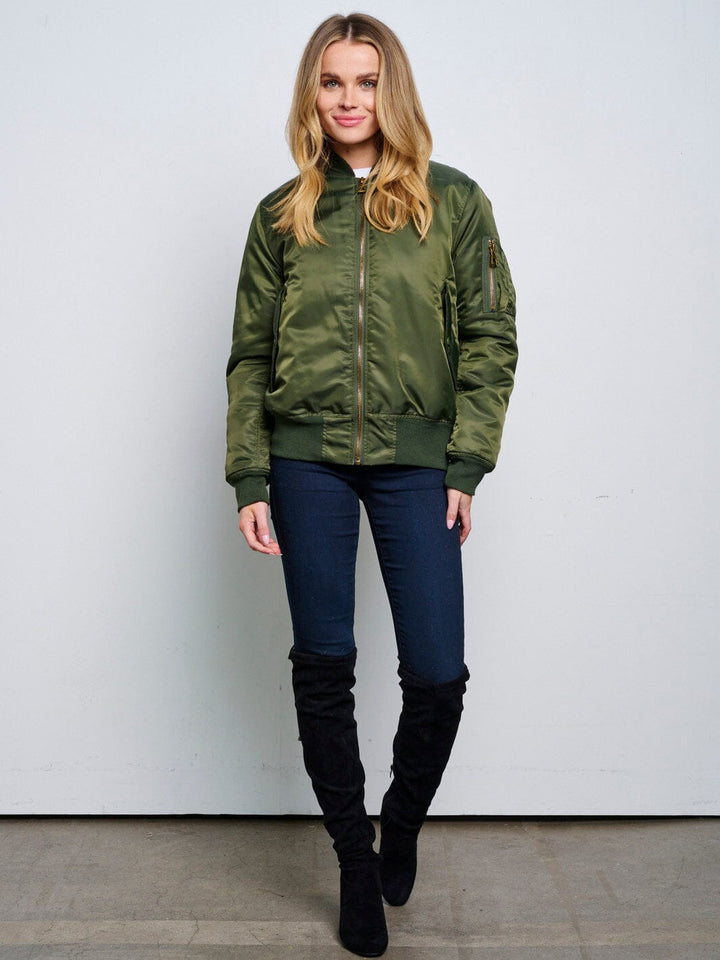 WOMEN'S LONG SLEEVE ZIP UP FRONT POCKETS BOMBER JACKET