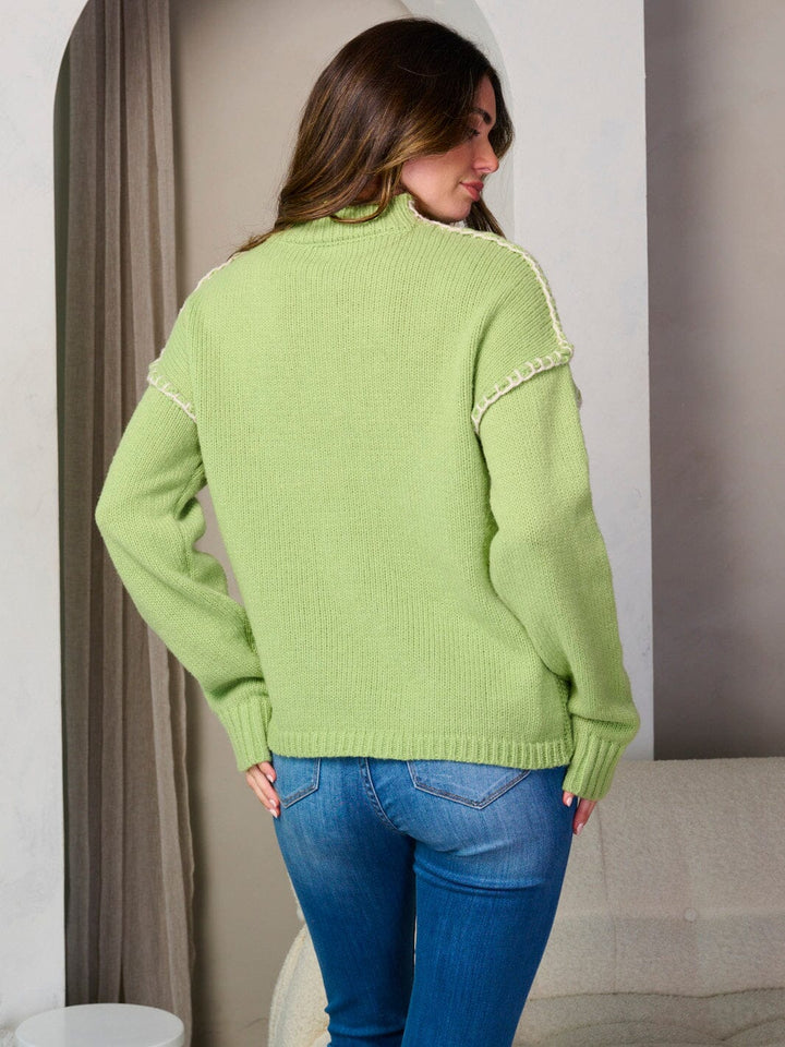 WOMEN'S LONG SLEEVE MOCK NECK TRIM DETAILED PULLOVER SWEATER