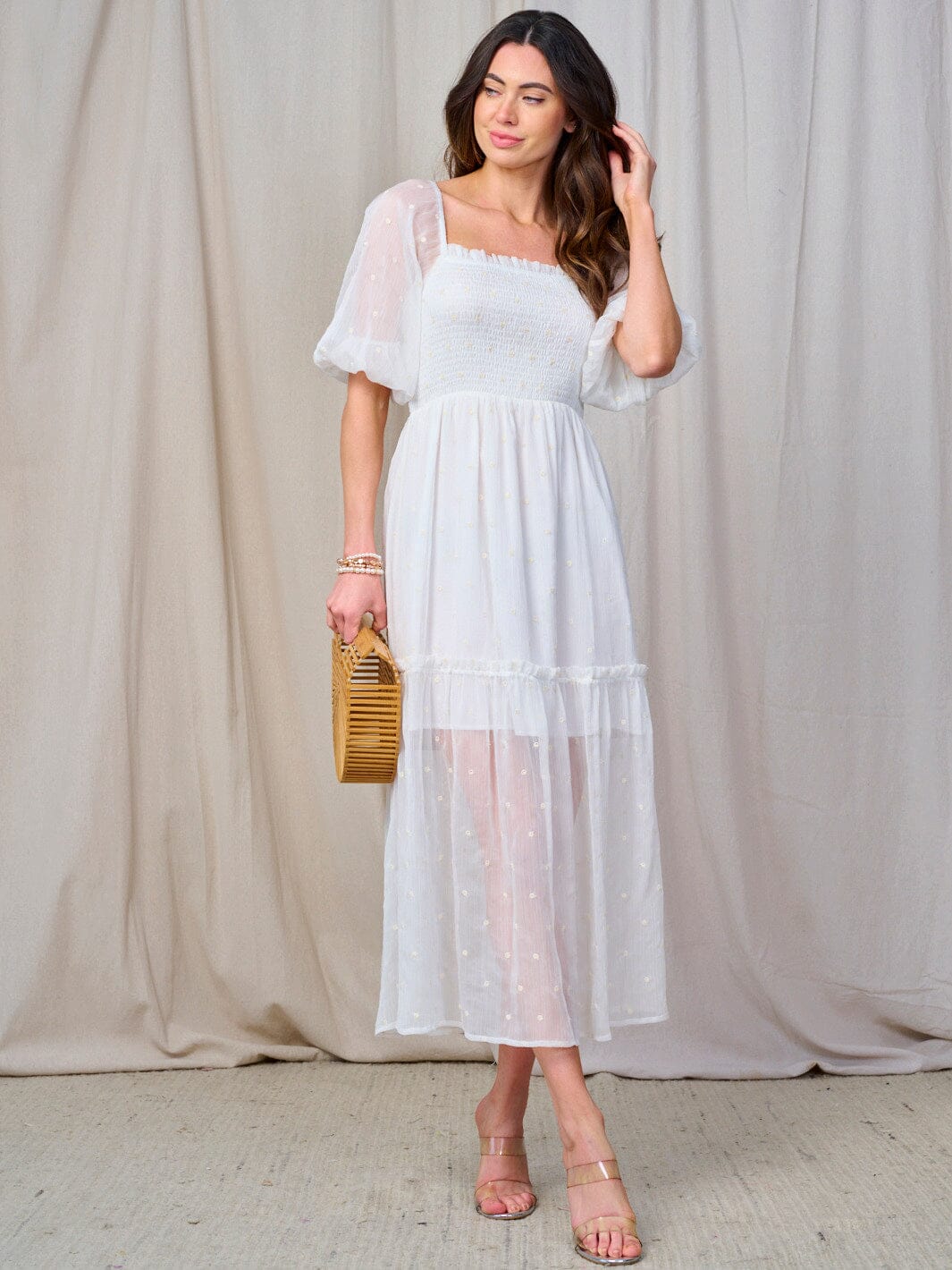 WOMEN'S SHORT PUFF SLEEVE SQUARE NECK SMOCK SWISS DETAILED MAXI DRESS