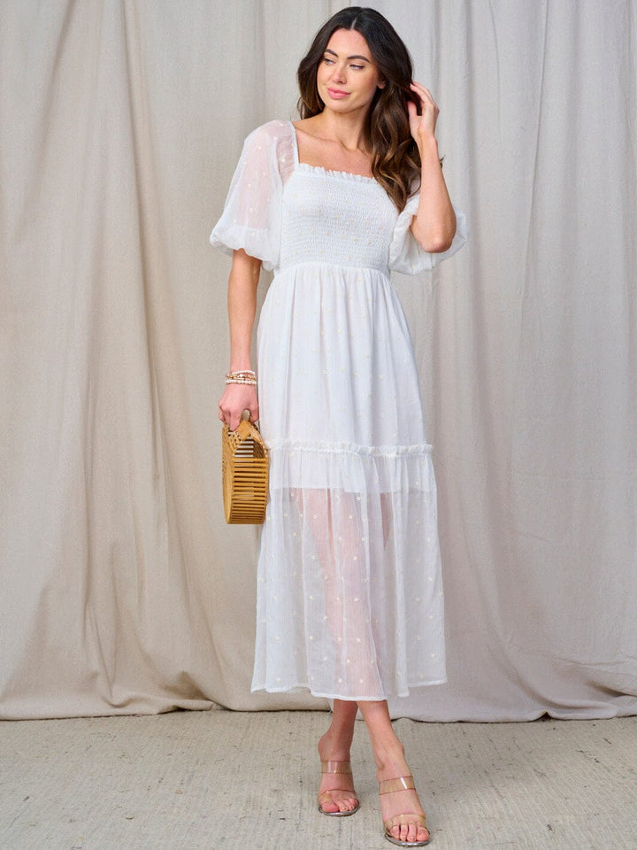 WOMEN'S SHORT PUFF SLEEVE SQUARE NECK SMOCK SWISS DETAILED MAXI DRESS