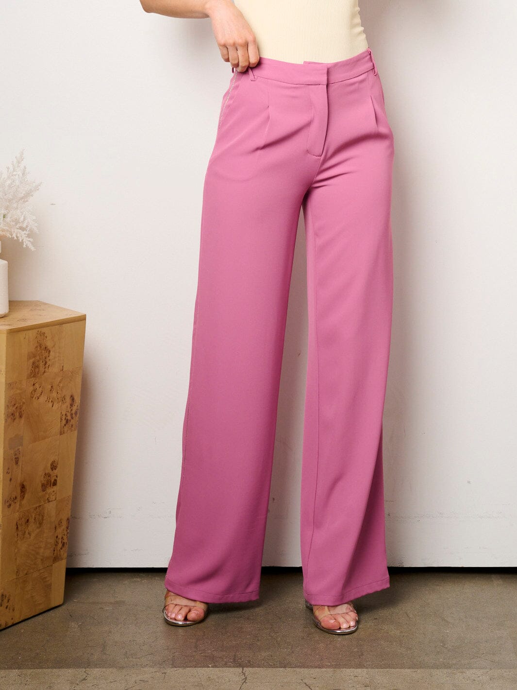 WOMEN'S BUTTON CLOSURE SIDE TRIM DETAILED WIDE LEG PANTS