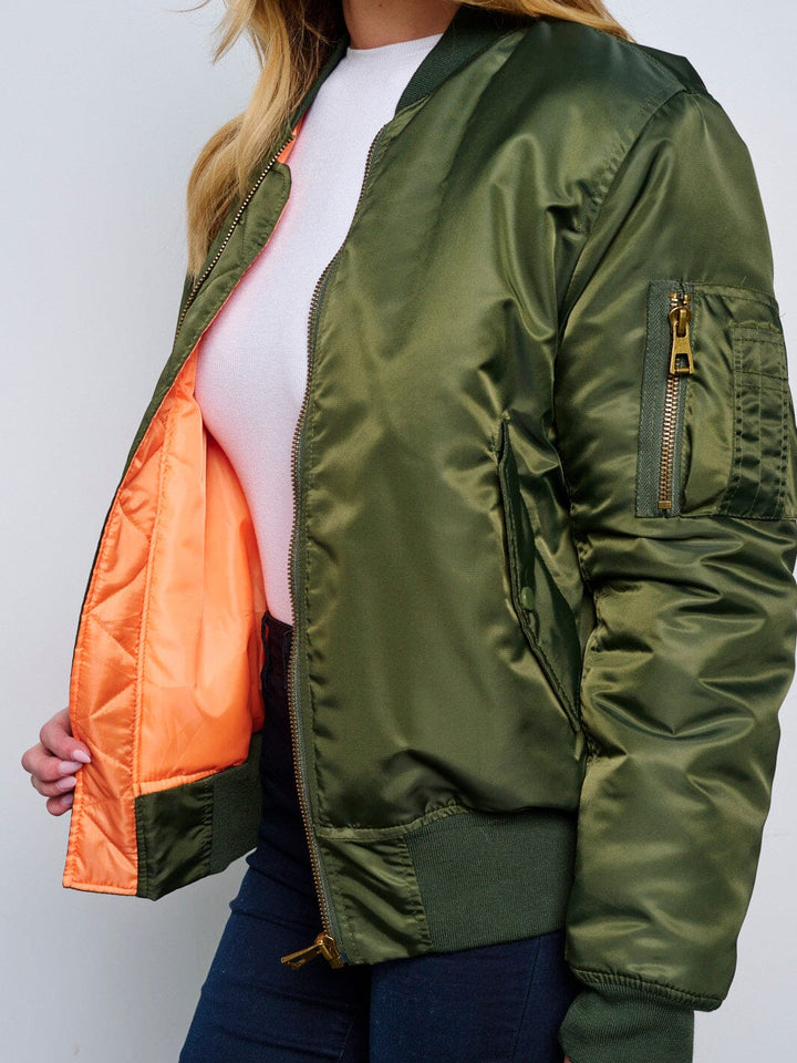 WOMEN'S LONG SLEEVE ZIP UP FRONT POCKETS BOMBER JACKET