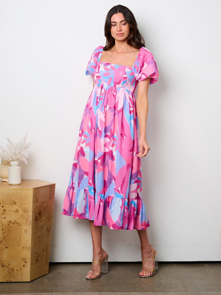 WOMEN'S SHORT PUFF SLEEVE SQUARE NECK PRINTED TIERED MAXI DRESS