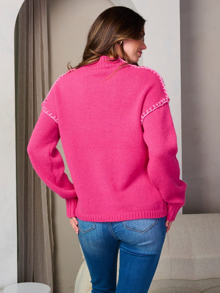 WOMEN'S LONG SLEEVE MOCK NECK TRIM DETAILED PULLOVER SWEATER