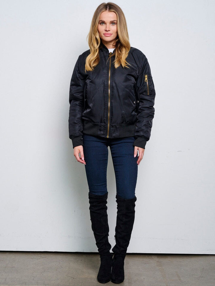 WOMEN'S LONG SLEEVE ZIP UP FRONT POCKETS BOMBER JACKET