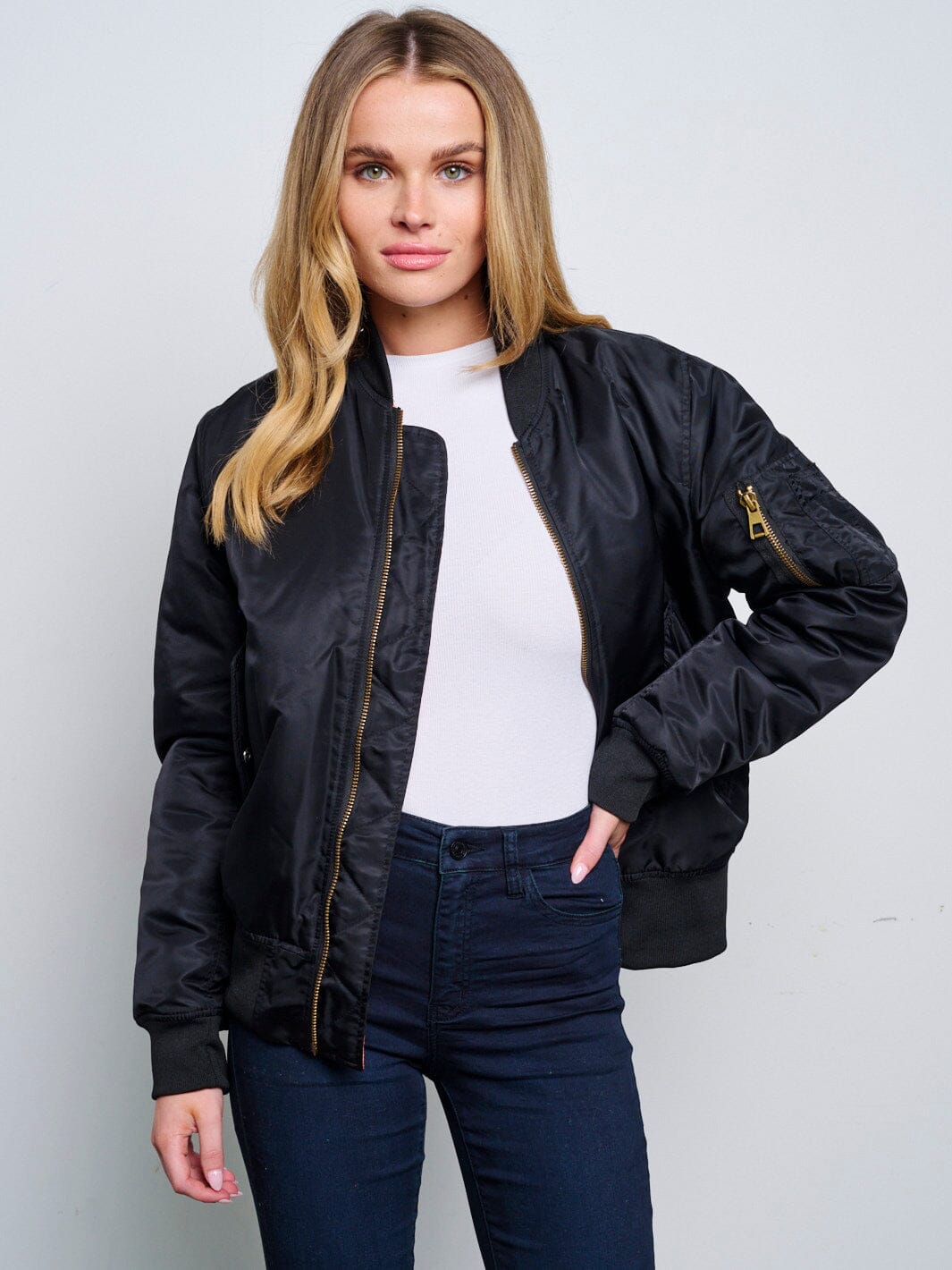 WOMEN'S LONG SLEEVE ZIP UP FRONT POCKETS BOMBER JACKET