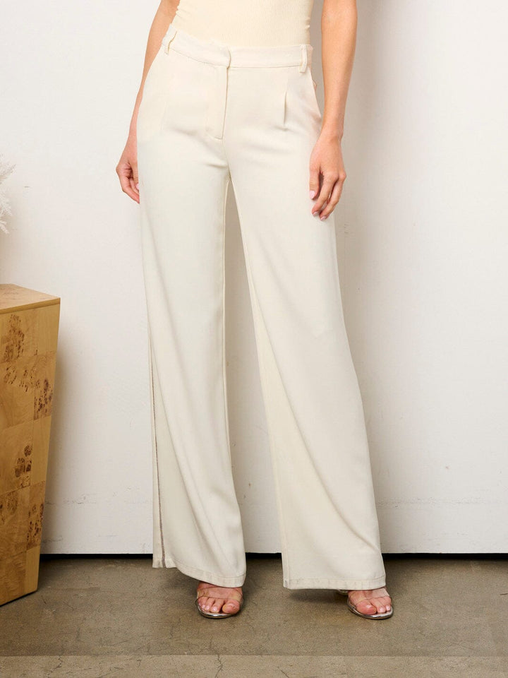 WOMEN'S BUTTON CLOSURE SIDE TRIM DETAILED WIDE LEG PANTS