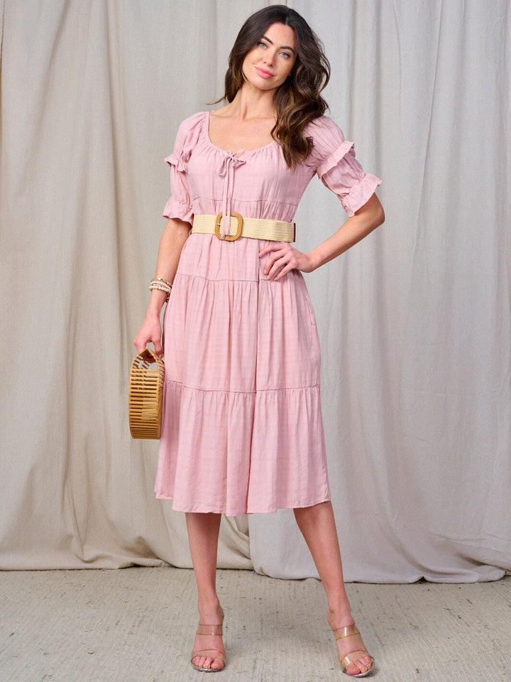 WOMEN'S SHORT SLEEVE TIERED BELTED MIDI DRESS