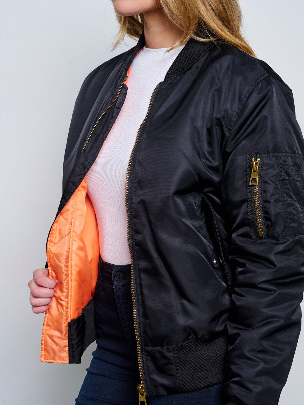 WOMEN'S LONG SLEEVE ZIP UP FRONT POCKETS BOMBER JACKET