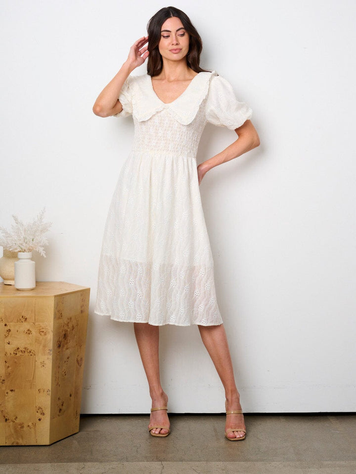 WOMEN'S SHORT PUFF SLEEVE V-NECK EYELET MIDI DRESS