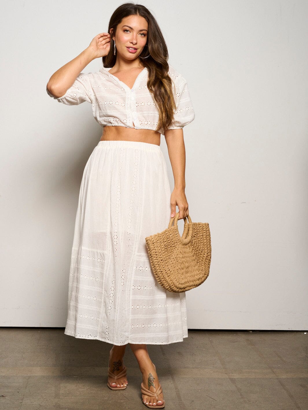 WOMEN'S SHORT SLEEVE CROP TOP & ELASTIC WAIST MAXI SKIRT 2PC SET