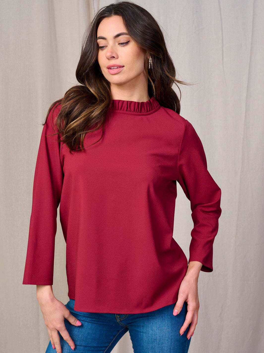 WOMEN'S LONG SLEEVE MOCK NECK BACK TIE BLOUSE
