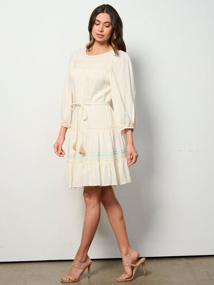 WOMEN'S LONG SLEEVE SELF TIE EMBROIDERY DETAILED TUNIC MINI DRESS