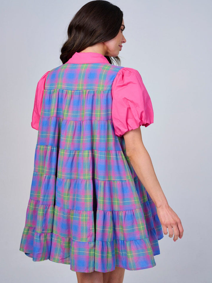 WOMEN'S SHORT PUFF SLEEVE BUTTON UP PLAID TUNIC MINI DRESS