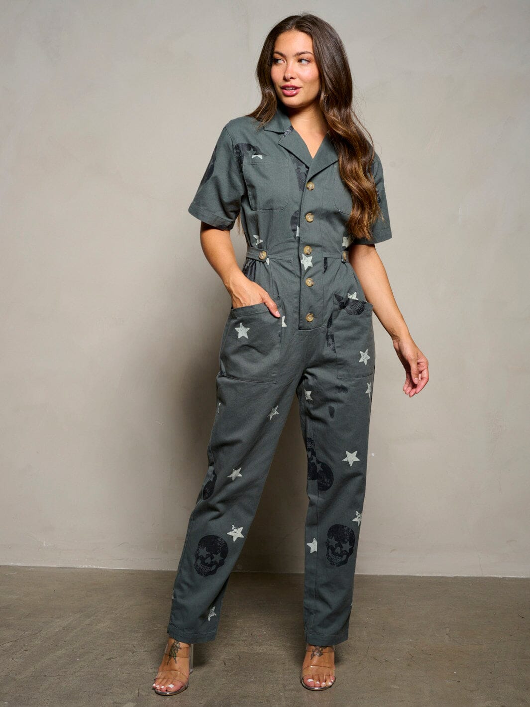 WOMEN'S SHORT SLEEVE BUTTON UP PRINTED POCKETS DENIM JUMPSUIT