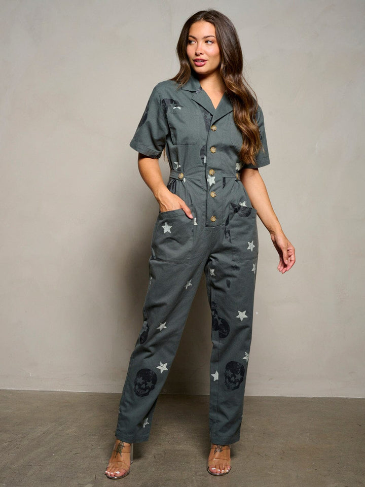 WOMEN'S SHORT SLEEVE BUTTON UP PRINTED POCKETS DENIM JUMPSUIT