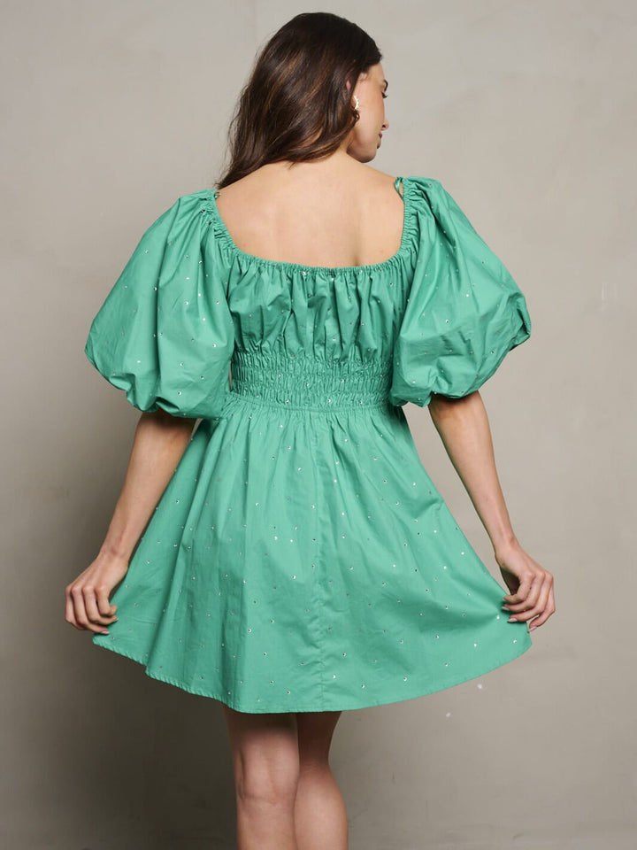 WOMEN'S SHORT PUFF SLEEVE SMOCK WAIST STUDS DETAILED MINI DRESS