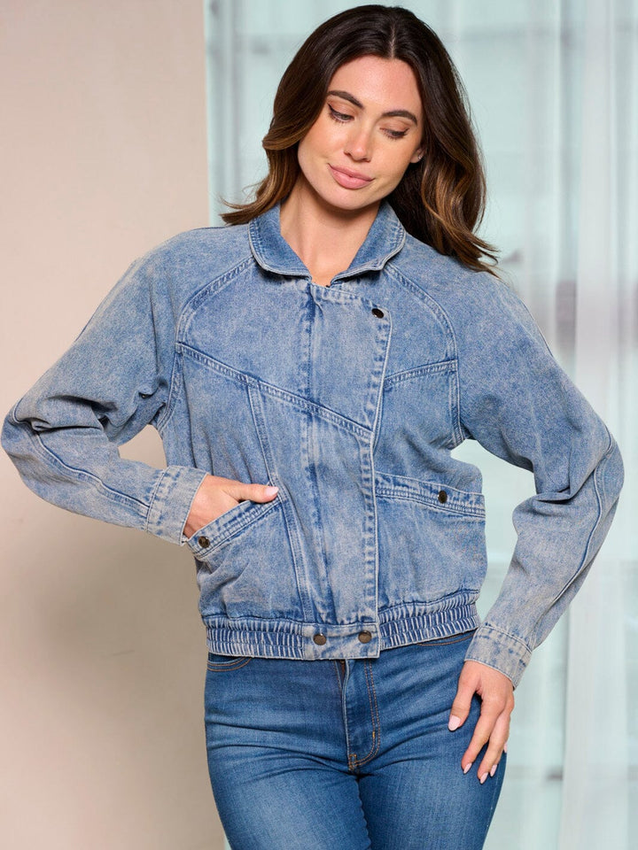 WOMEN'S LONG SLEEVE ZIP UP POCKETS DENIM JACKET